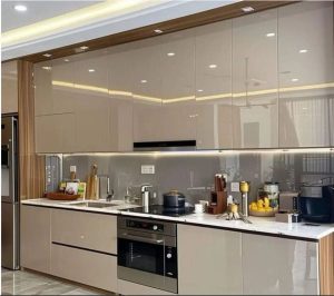 Tủ bếp inox cánh kính cường lực chữ I 03