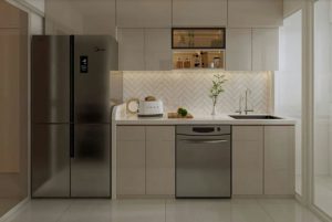 Tủ bếp inox cánh kính cường lực chữ I 05