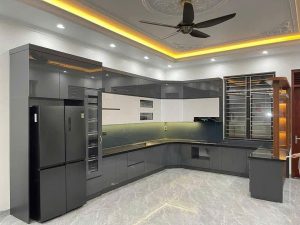 Tủ bếp inox cánh kính cường lực chữ L 07