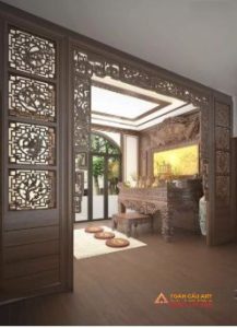 Vách CNC ngăn phòng khách với phòng thờ