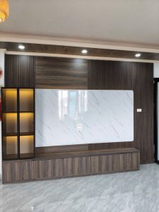 Vách nan kết hợp hộp tủ giả vân đá phòng khách 03