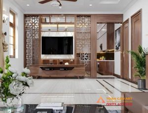 Vách ngăn CNC phòng khách kết hợp kệ tivi