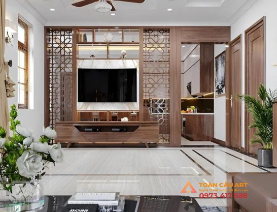 Vách ngăn CNC phòng khách kết hợp kệ tivi