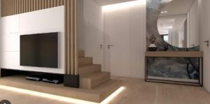 Vách ngăn cầu thang kết hợp kệ ti vi
