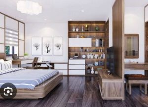 Vách ngăn phòng ngủ kết hợp kệ ti vi