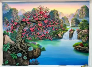 tranh phù điêu xi măng hoa đào
