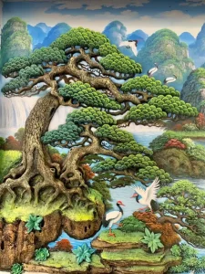 tranh phù điêu xi măng tùng đón khách